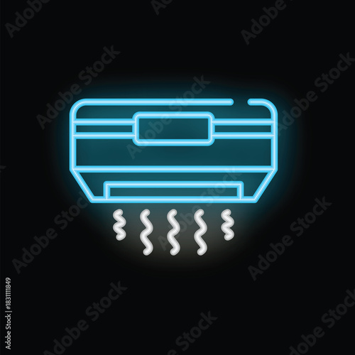 Blue neon icon of a wall mounted air conditioner blowing cold air