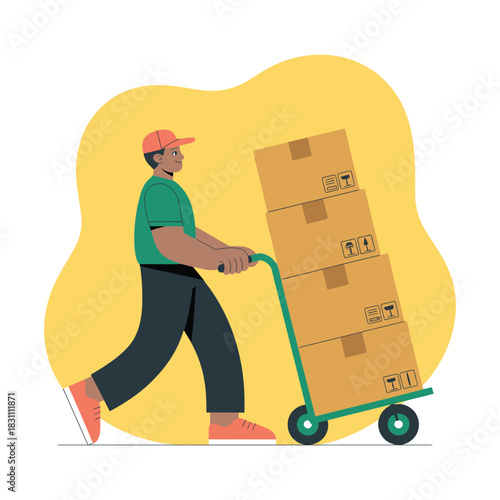 A delivery person is pushing a trolley full of boxes for shipping.