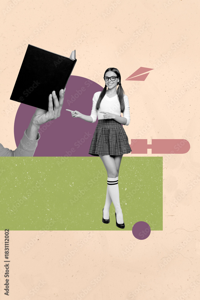 Naklejka premium Pop image sketch 3d collage poster of happy schoolgirl wear uniform point hands hold book literature subject university learner