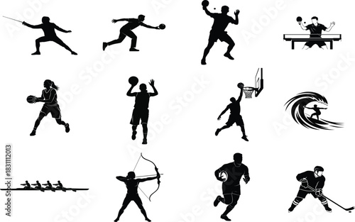 Diverse sports silhouettes collection fencing running basketball table tennis and more