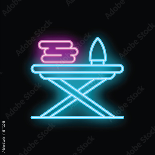 Glowing neon icon of ironing board with iron and folded clothes representing housework and housekeeping