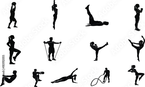 Silhouette collection of people exercising and stretching in various poses