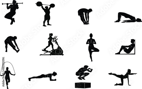 Silhouette collection of fitness exercises and workout activities for a healthy lifestyle