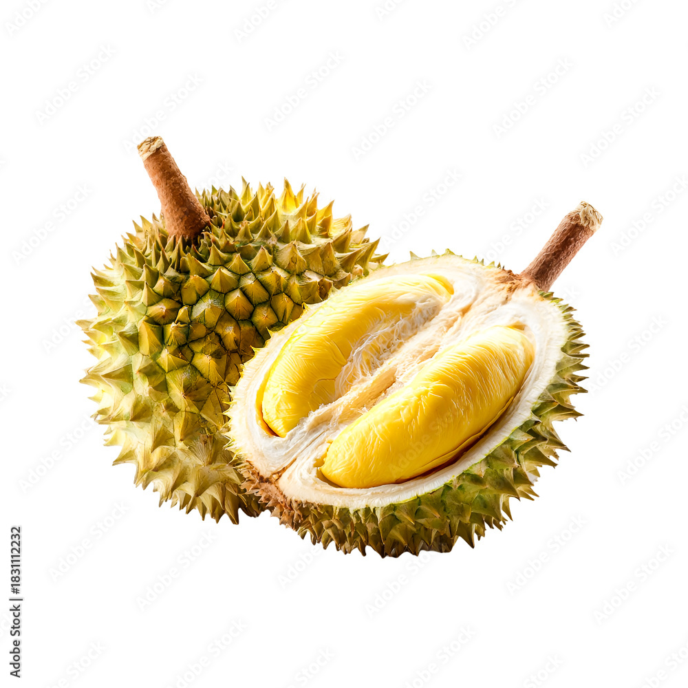 Fototapeta premium Fresh ripe durian fruit cut open showing yellow flesh isolated on transparent background