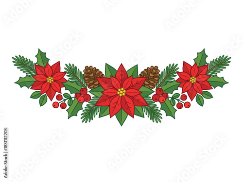 A festive Christmas floral arrangement with red poinsettias, pine cones, and holly on a white background.