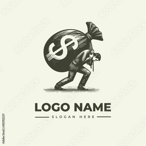 Classic Engraving Style Vector Logo Illustration of a Man Carrying a Heavy Money Bag