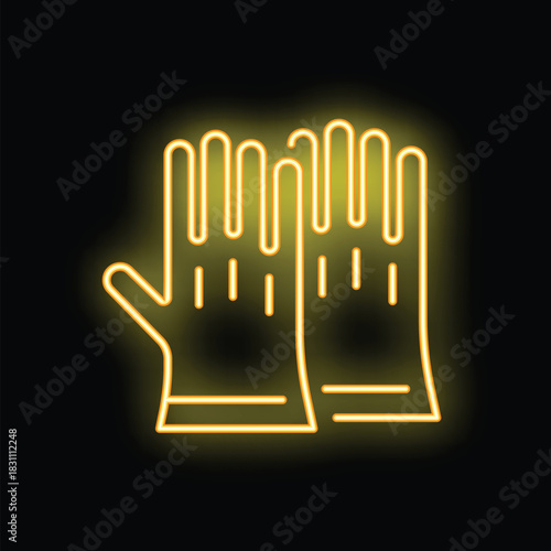 Yellow neon icon of working protective gloves glowing on black background