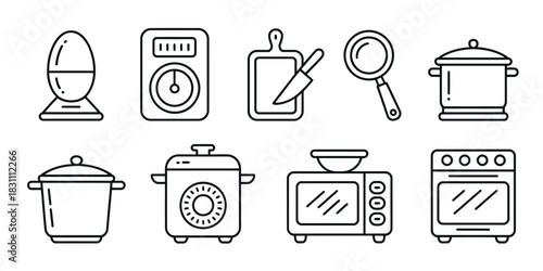 Outline drawing of kitchen utensils and appliances in a simple black and white style