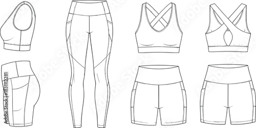 Activewear Technical Flats Set, Sports Bra, Leggings, Biker Shorts Outline, Fitness Apparel Blueprint, Fashion Design Vector Template