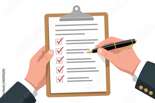 Hands holding clipboard with checklist and pen completing tasks with checkmarks