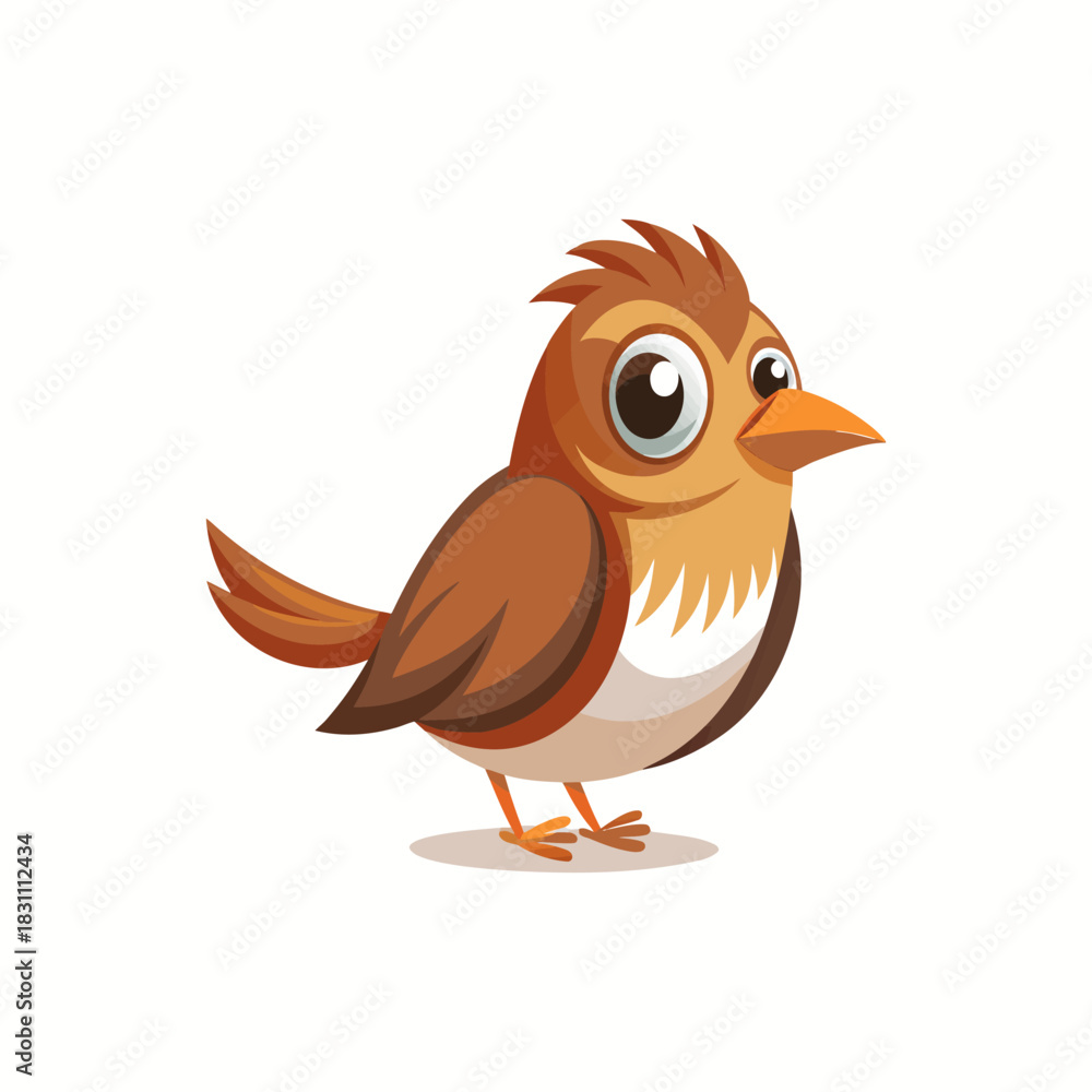 Fototapeta premium Cute cartoon brown bird with big eyes and orange beak