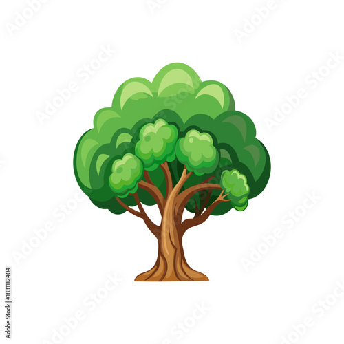 Cartoon illustration of a large green leafy tree with a brown trunk