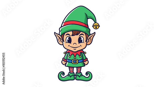 Cheerful Elf Illustration: A charming illustration captures the whimsical spirit of a happy elf character, dressed in a festive outfit, perfect for holiday greetings and festive content.
