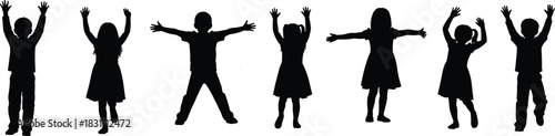 Children silhouette vector set, kids playing with hands up, happy childhood, group of boys and girls celebrating, joy and freedom concept