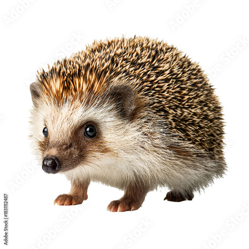 Small european hedgehog with quills and dark eyes isolated on transparent background