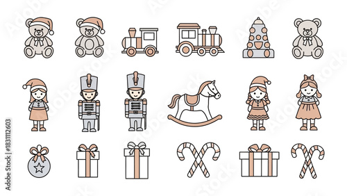 Festive Icon Assortment: A delightful array of holiday-themed illustrations including teddy bears, toy train, Christmas trees, soldier, gift boxes, rocking horse, candy cane.