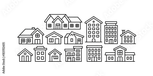 A collection of outline drawings of various houses and buildings in black and white