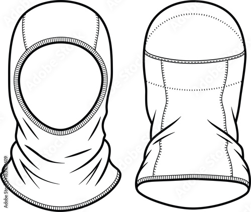 Technical Balaclava Face Mask Vector Line Art, Front and Back View Outline, Winter Sports Apparel Template, Cold Weather Protection Sketch