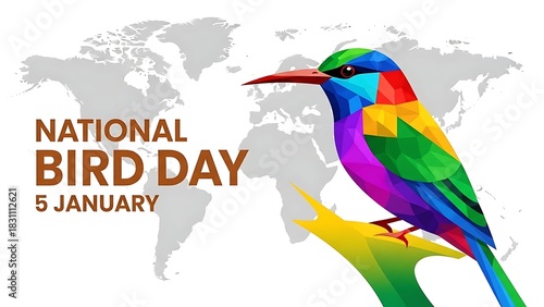 Colorful bird on branch celebrating national bird day january 5