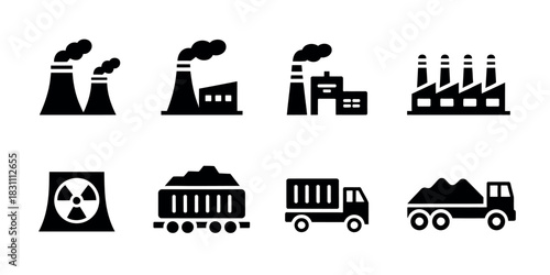 A collection of eight black and white icons depicting industry and transportation