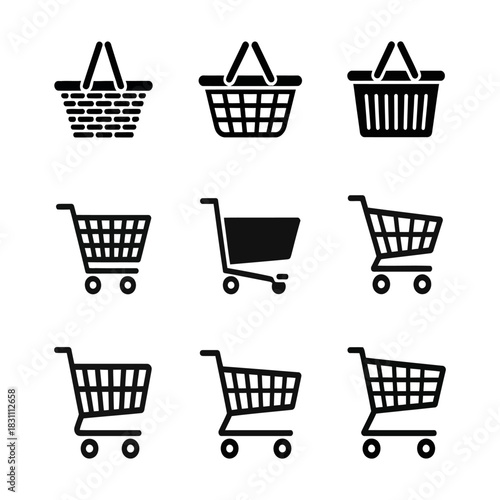 Collection of shopping cart and basket icons for e commerce and retail