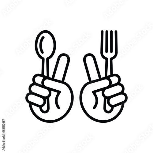 Two hands giving the peace sign with a spoon and fork inserted