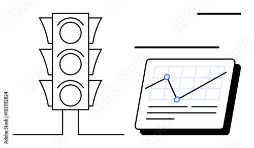 Traffic light with three circular lights next to a data analytics dashboard showing a line chart. Ideal for decision-making, optimization, monitoring, analysis, efficiency, performance, guidance. A