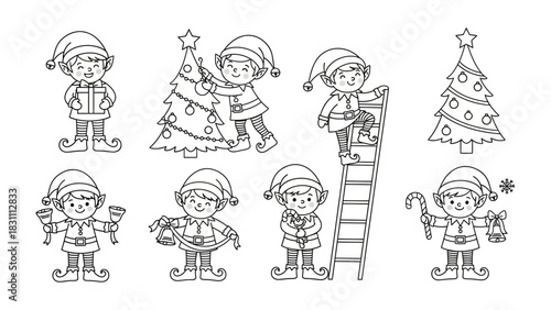 Christmas Elves at Work: A collection of charming festive elf illustrations are captured. Each elf performs a unique Christmas related tasks, ready for the upcoming holiday season.