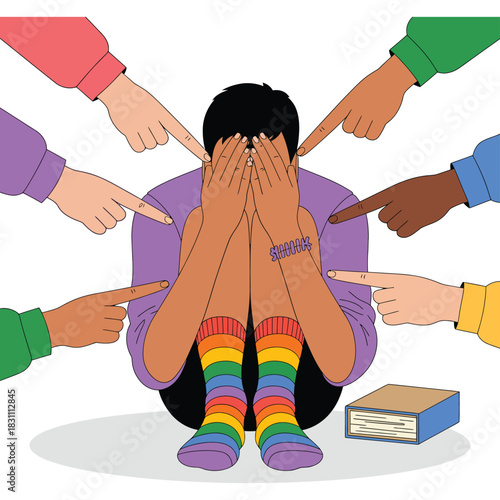 A person sits crying with hands covering face as fingers point accusingly