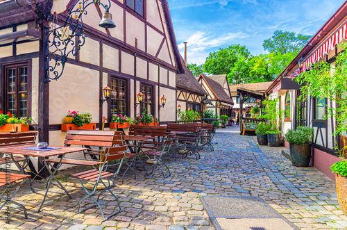 Old town Nuremberg city historical center Craftsmen's Courtyard medieval village Handwerkerhof Nurnberg with traditional half-timbered houses, typical colorful buildings, Bavaria state, Germany