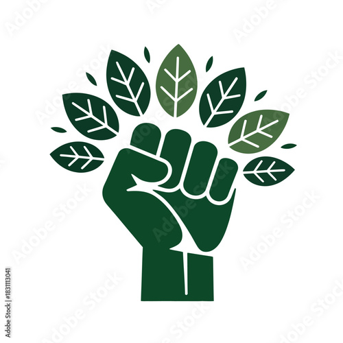 A clenched fist is raised with green leaves sprouting from the top, symbolizing environmentalism.
