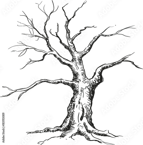 Bare Gnarled Tree Engraving Vector Illustration, Leafless Winter Sketch, Scary Halloween Woodcut Graphic, Nature and Vintage Graphic Design Element