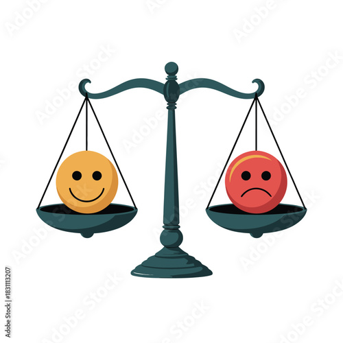 A scale balances a happy face against a sad face, representing emotional equilibrium.