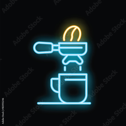 Glowing neon line icon of coffee machine pouring fresh espresso in cup for cafe and restaurant advertising