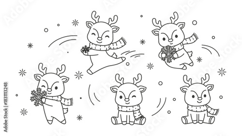 Playful Deer Delight in Snow: A charming cartoon showcases whimsical reindeer frolicking joyfully in a winter wonderland, with snowflakes dancing around them. It's a scene of pure, innocent glee.