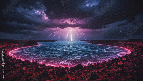 Dramatic stormy seascape with pink glow and lightning