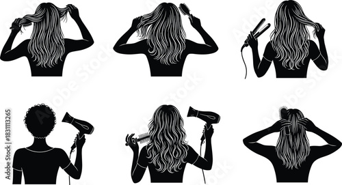 Hair Styling Silhouettes Set, Woman Brushing, Straightening, and Drying Hair, Hair Care Routine, Beauty Salon Vector
