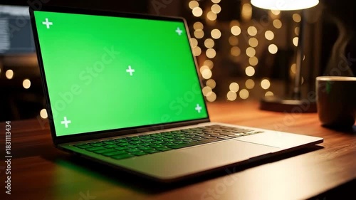 Modern laptop with green screen on wooden desk ready for video compositing and content creation perfect for digital marketing ads