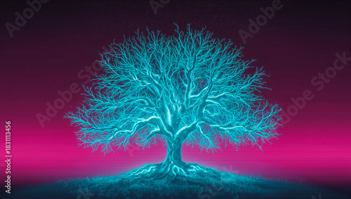 Glowing Neon Tree Against Purple Gradient