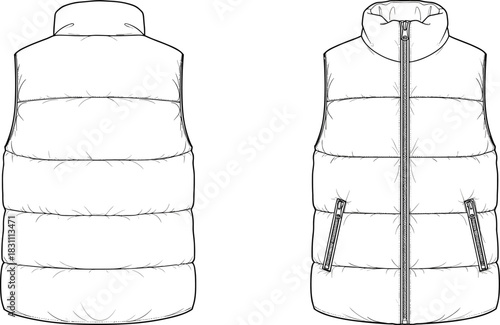 Puffer Vest Technical Flat Sketch, Quilted Down Gilet Outline, Fashion Design Blueprint, Sleeveless Jacket Vector Template
