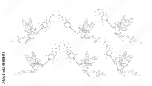 Enchanting Pixies in Flight: A captivating sketch depicts a series of delicate pixies, gracefully soaring through the air, their magical wands leaving trails of stars and bubbles.