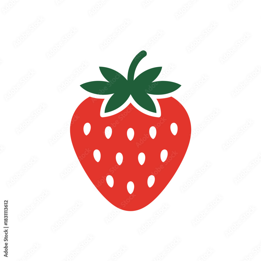 Obraz premium A stylized, flat illustration of a red strawberry with green leaves.