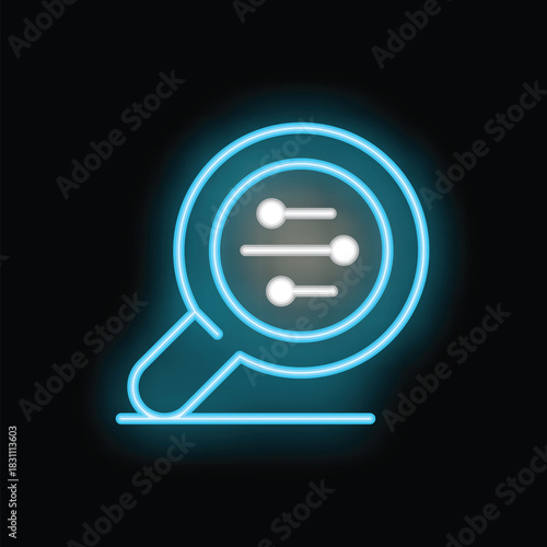 Blue neon icon of a magnifying glass focusing on a website menu, representing the concept of search engine optimization