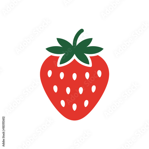 A stylized, flat illustration of a red strawberry with green leaves.