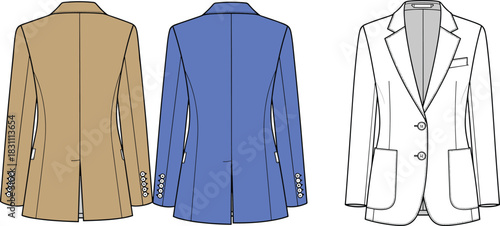 Technical fashion flat vector illustration of classic tailored blazer jacket, notched lapel, two-button closure, long sleeve business apparel template