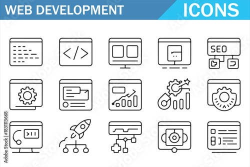 Web Development Editable Line Icons Set for Coding, SEO and UI Design