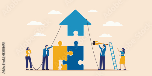 Teamwork building a house puzzle and looking towards the future