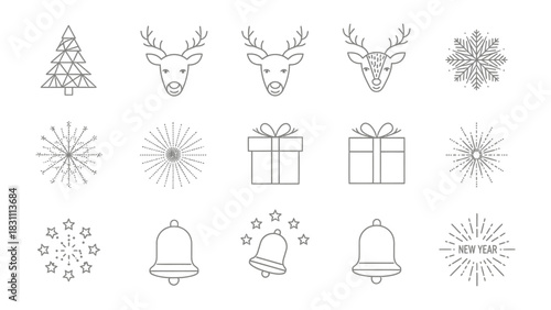 Holiday Cheer: A delightful array of festive icons and holiday ornaments. Featuring a Christmas tree, reindeer heads, snowflakes, fireworks, gift boxes and bells.