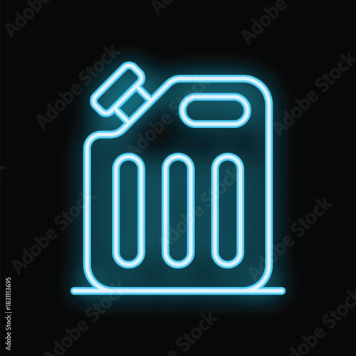 Blue neon icon of a jerrycan glowing on a dark background