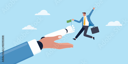 Robot hand passing a flag to a jumping businessman